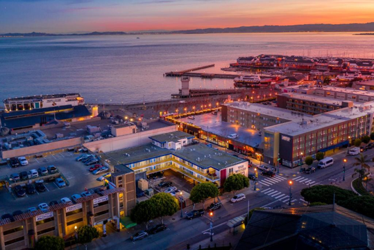 Ariel view of the hotel at dusk.