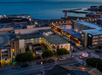 Ariel view of the hotel at night.