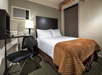 One queen bed and a work desk inside a guest room.