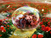 A young person sleeps curled inside a transparent bubble, surrounded by a field of red poppies and a yellow brick path under a bright, misty sky.