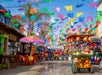 A colorful outdoor market scene with food stalls, vibrant papel picado banners overhead, fruit carts, and people walking under a bright blue sky.