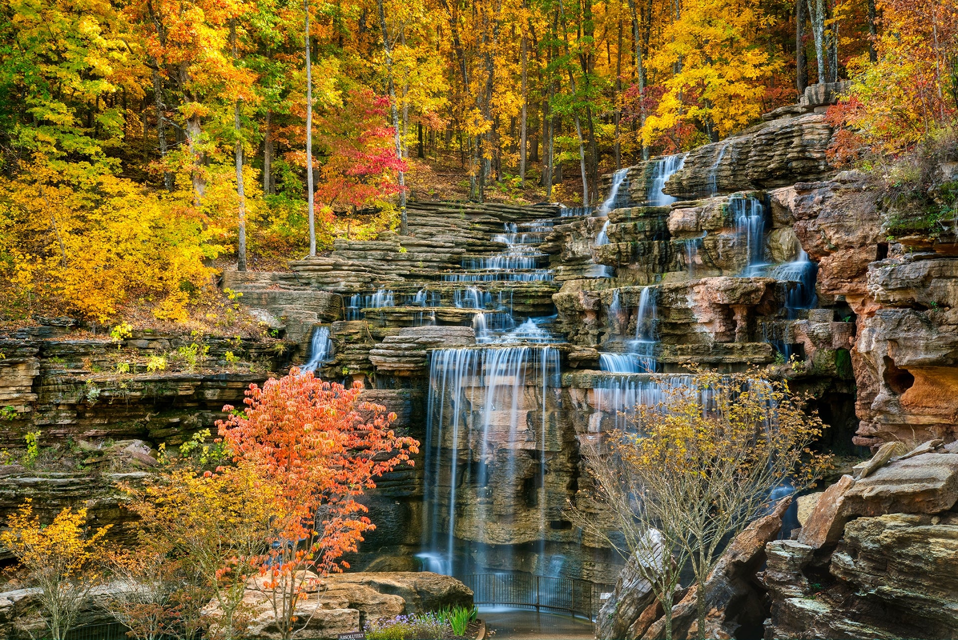 Top of the Rock Lost Canyon and Nature Trail in the Autumn with cascading waterfalls.