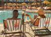 Two people sit on lounge chairs by a pool, clinking drinks. They are under a sun hat and sunglasses, with towels draped over their chairs, and umbrellas in the background.