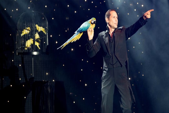 A magician in a black suit holds a blue and yellow parrot while pointing; several parrots are in a cage on a stage with a starry backdrop.