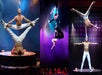 Three photos show acrobats performing: one balancing in a split on another’s feet, one pair on aerial silks, and one balancing upside down on a partner’s head, all on stage.