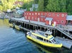 A yellow and white sightseeing boat labeled "Prince of Whales" is docked at a wooden pier in front of a red building in Telegraph Cove, surrounded by forested hills and other small boats.