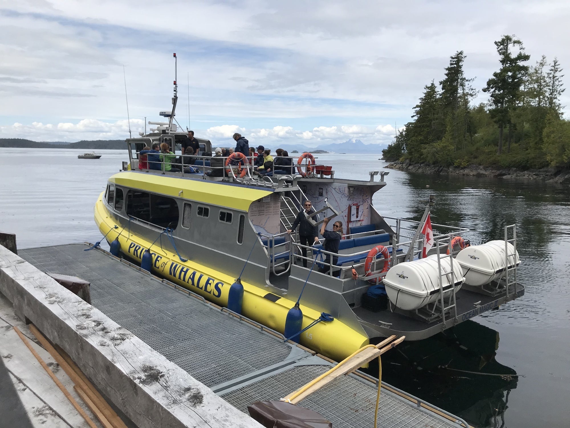 A yellow and gray whale watching boat named "Prince of Whales" docked at a wooden pier, with people boarding and forested shoreline in the background.