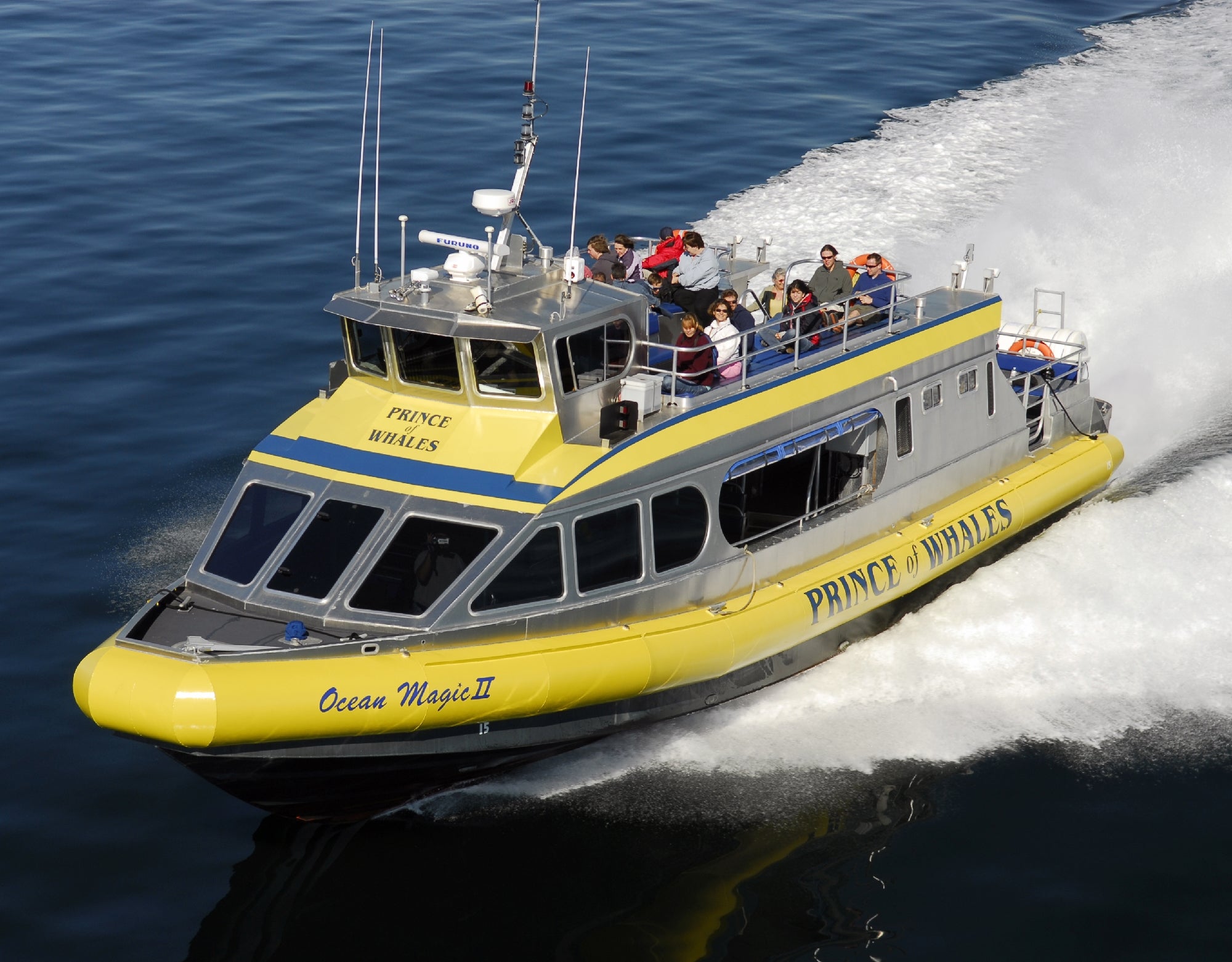 A yellow and gray tour boat labeled "Prince of Whales" moves quickly across calm water with passengers on board.