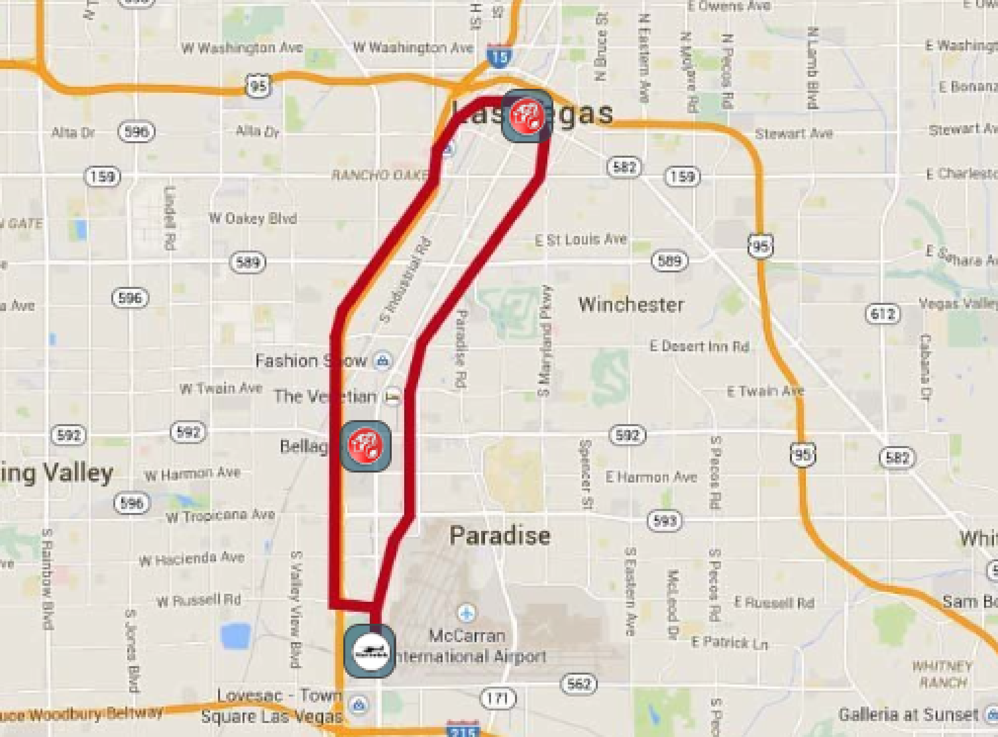 A map showing a highlighted route through Las Vegas from McCarran International Airport to north of the city center, with icons indicating key stops along the way.