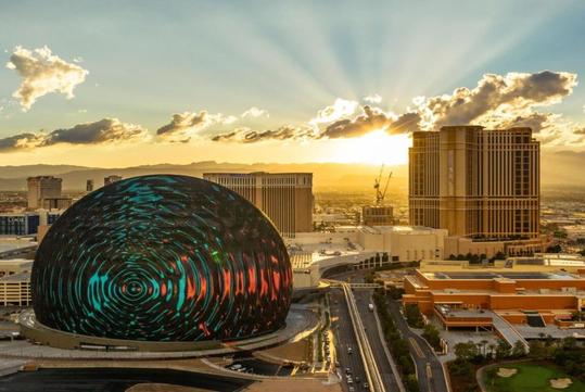 Hotel exterior and Las Vegas Sphere.
