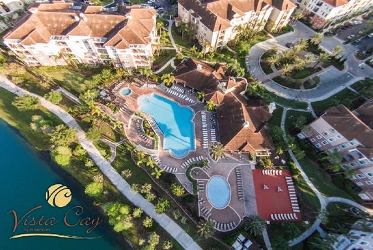 Aerial view of the resort with the pool.