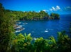 A lush green coastline borders a deep blue ocean under a bright sky, with tropical vegetation in the foreground and rocky outcrops along the shore.