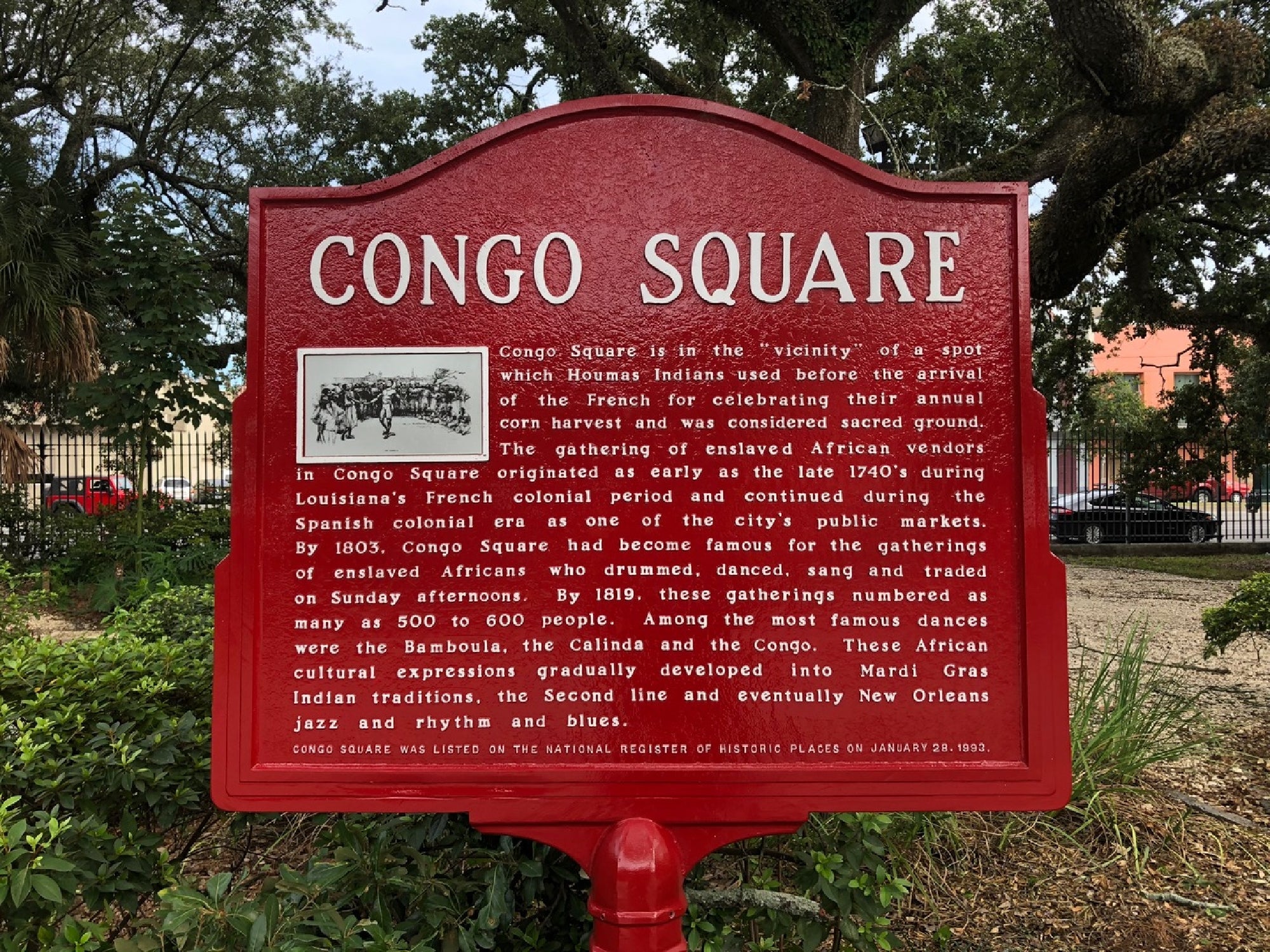 Red historical marker titled "Congo Square" explains the area's significance in New Orleans for African cultural gatherings, music, and dance, with an old photo of people in the square.
