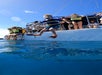 A child in snorkeling gear and a life vest jumps off a boat into clear blue water, while others watch or sit on the boat’s edge under a sunny sky.