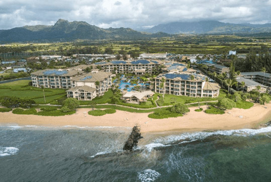 Top view of resort exterior with ocean view.