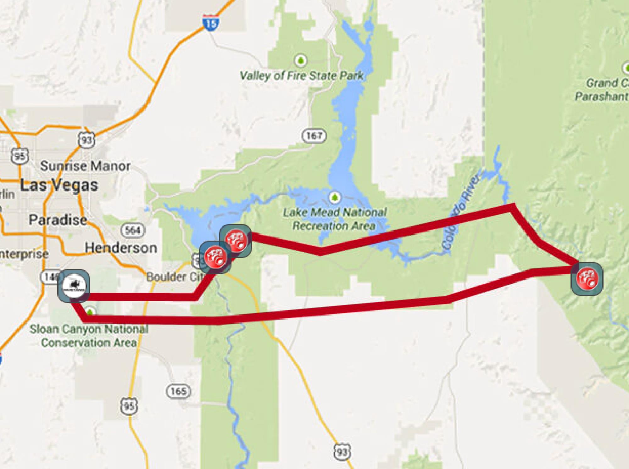 A map showing a route from Las Vegas through Boulder City, passing Lake Mead National Recreation Area and following the Colorado River.