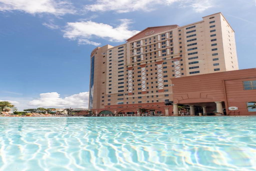 View of the hotel building from the pool area.