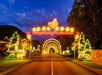Resort road decorated with dazzling lights.
