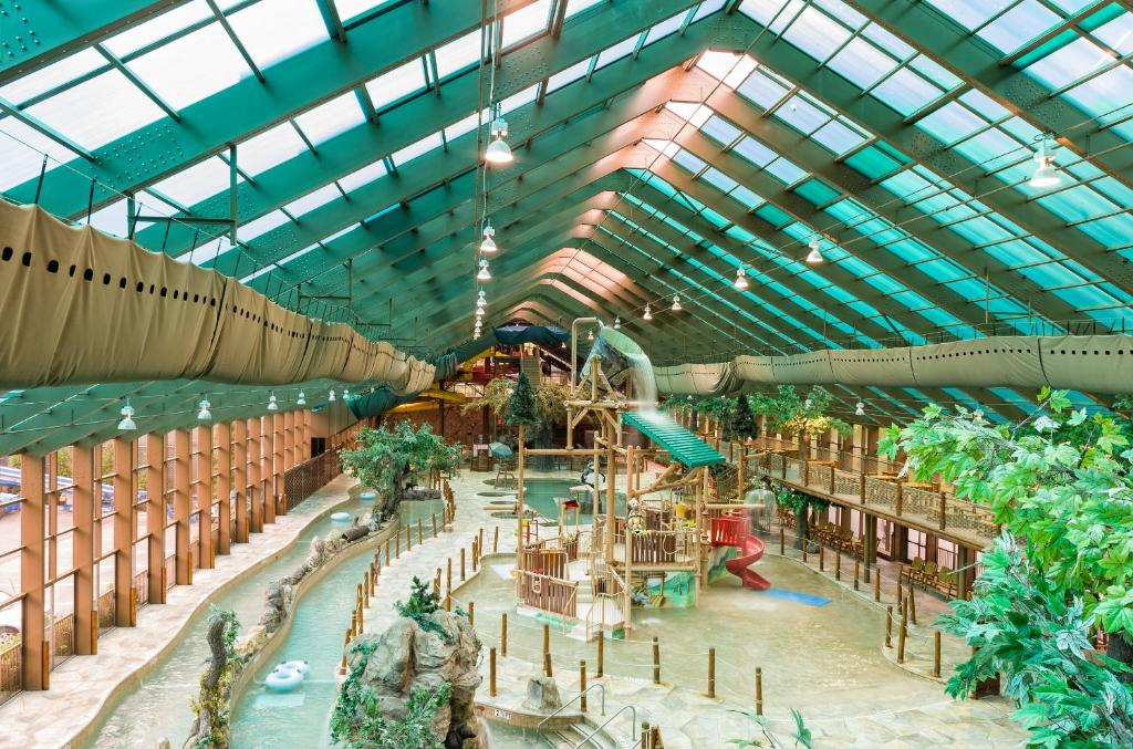 Glide down a giant water slide or experience interactive treehouse at Wild Bear Falls Water Park.