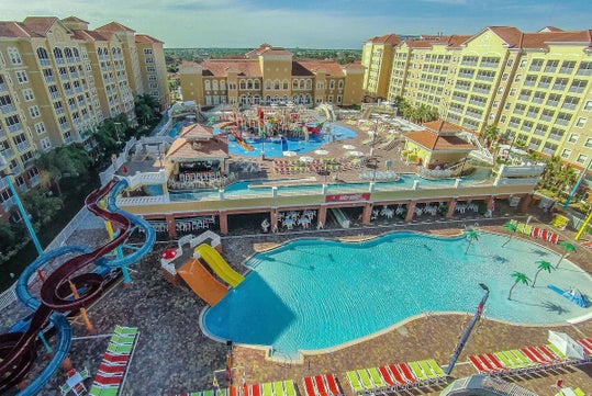 Aerial view of the resort and its water park.