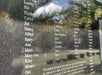 A close-up of names engraved on a reflective stone memorial, with blurred greenery and gravestones visible in the background.