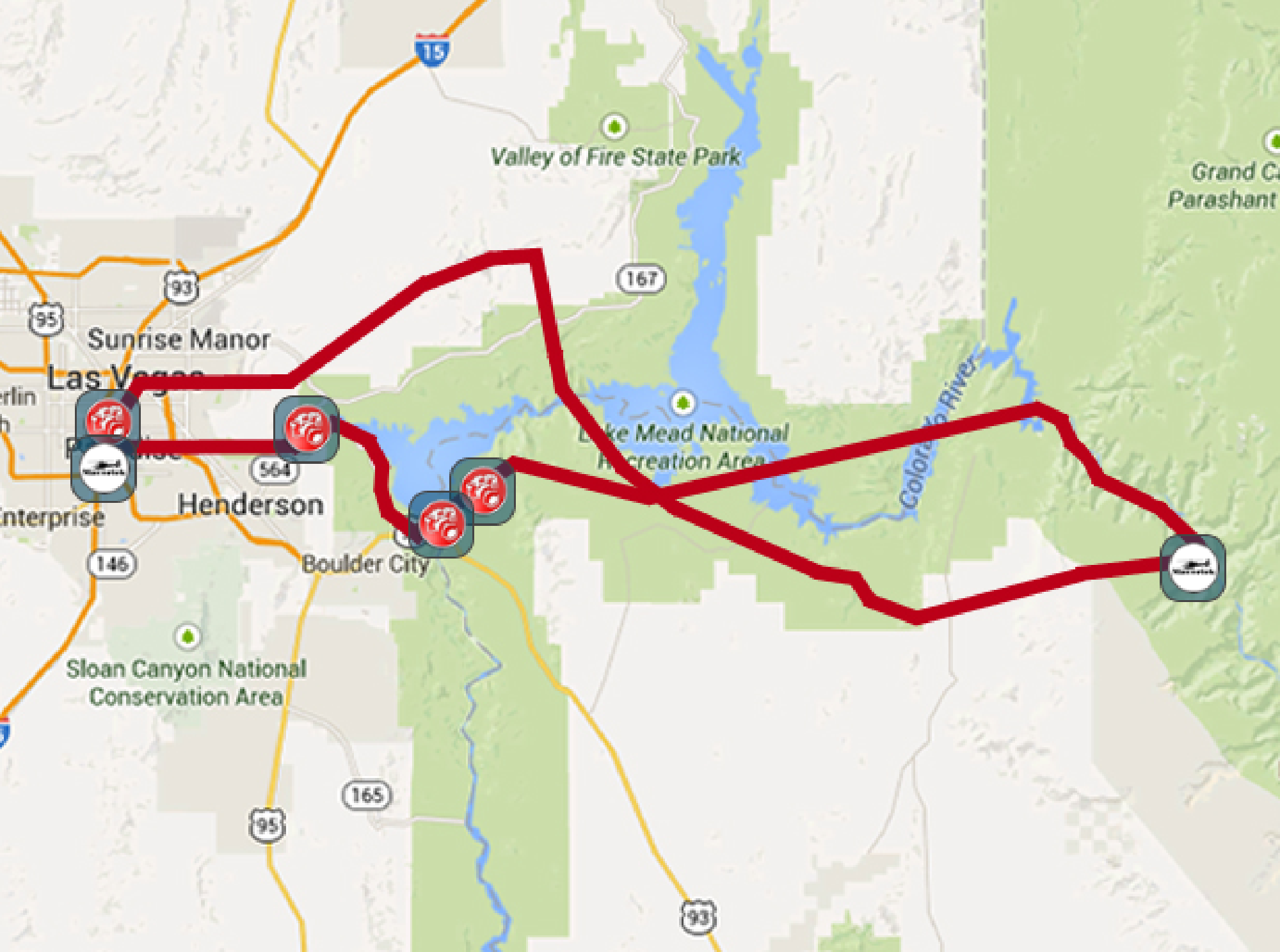 A map shows a marked route from Las Vegas through Henderson, across Lake Mead, ending at Grand Canyon West, with several waypoint icons along the path.