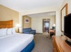 Guest room with one king bed, sofa bed, work desk and chair, flat-screen TV, microwave and a mini fridge.