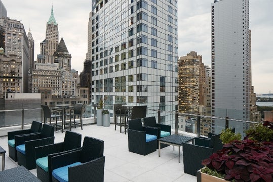 Terrace overlooking the city's skyscrapers.