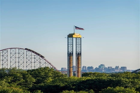 Aerial view of the Detonator drop ride at Worlds of Fun amusement park in Kansas City, MO