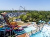 Aerial view looking over Worlds of Fun and Oceans of Fun on a sunny day in Kansas City, Missouri.