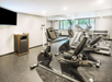 A fitness room with stationary bikes, a treadmill, a wall mirror, mounted TV, towel station, and a rack of dumbbells near a window.
