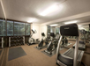 A gym with treadmills, exercise bikes, and a set of dumbbells near a mirrored wall and windows.