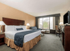 King room with a king bed, flat-screen TV, mini fridge and desk and chair.