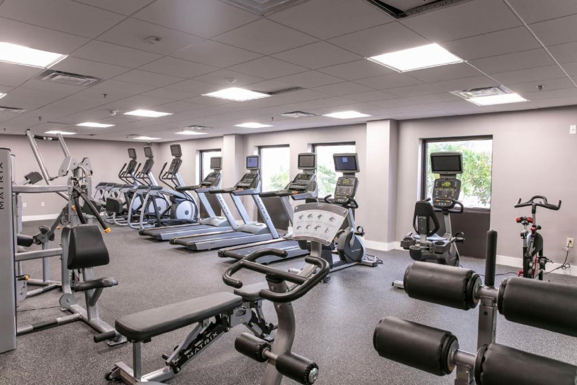 Modern gym with various exercise machines, including treadmills, ellipticals, stationary bikes, and weight equipment, in a well-lit room with windows.