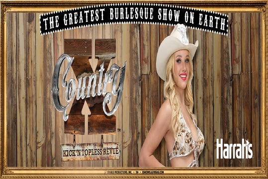 Woman in a cowboy hat and lingerie poses next to text promoting "The Greatest Burlesque Show on Earth" at Harrah's.