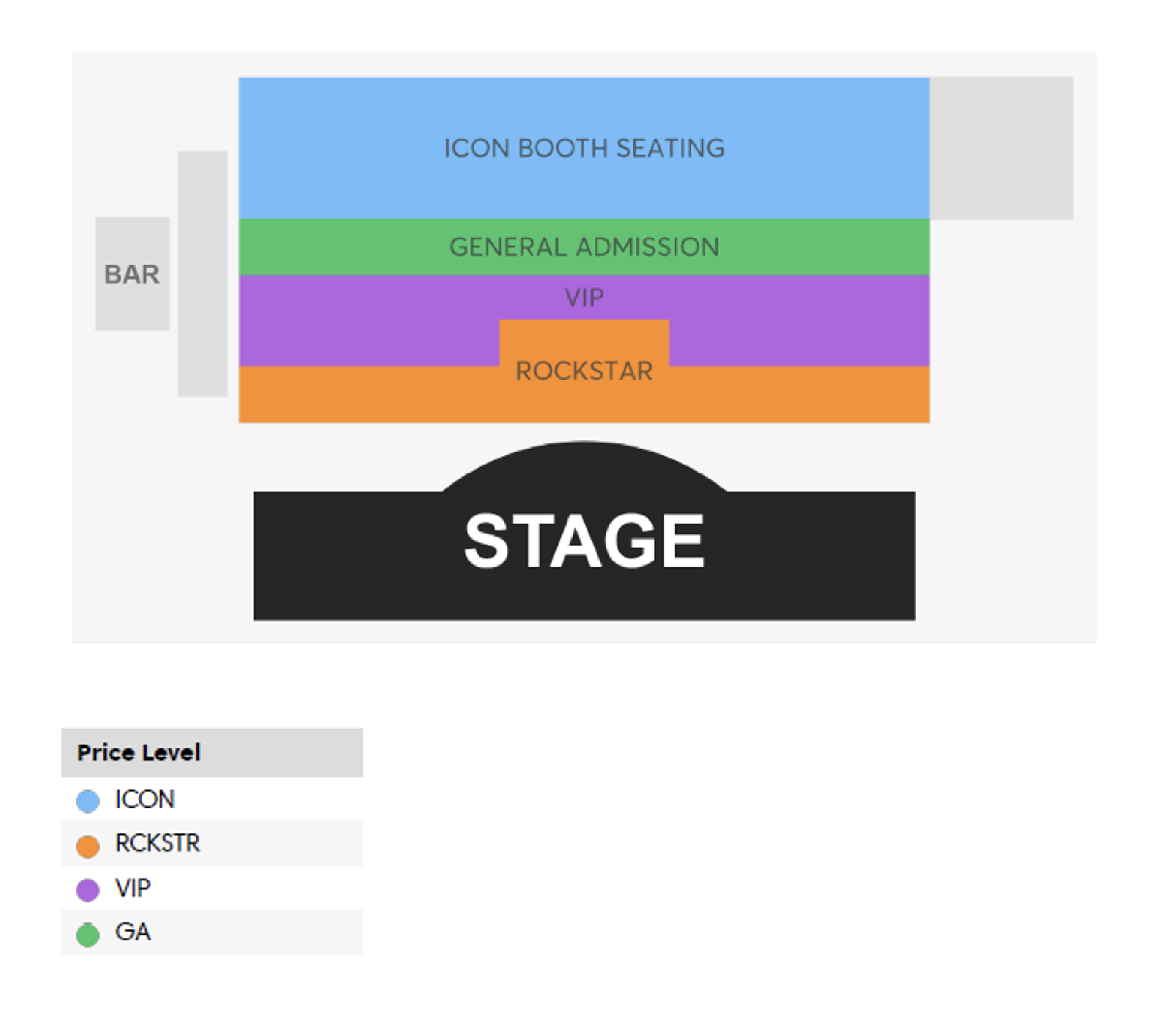 Concert venue seating chart with four sections: ICON Booth Seating (blue), General Admission (green), VIP (purple), and Rockstar (orange), all facing the stage; bar shown on the side.