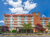 Front view of a Best Western hotel with a red brick facade, an entrance canopy, and two flags on poles. Trees and a clear sky are in the background.