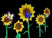 Illuminated artificial sunflowers with colorful butterfly decorations against a dark background.