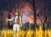 A statue of a man holding a staff stands in a field of illuminated plants, with leafless trees and a vibrant sunset sky in the background.