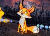 Large illuminated fox lantern sculpture with cartoon-like features displayed outdoors at dusk, surrounded by glowing orb lights and leafless trees in the background.