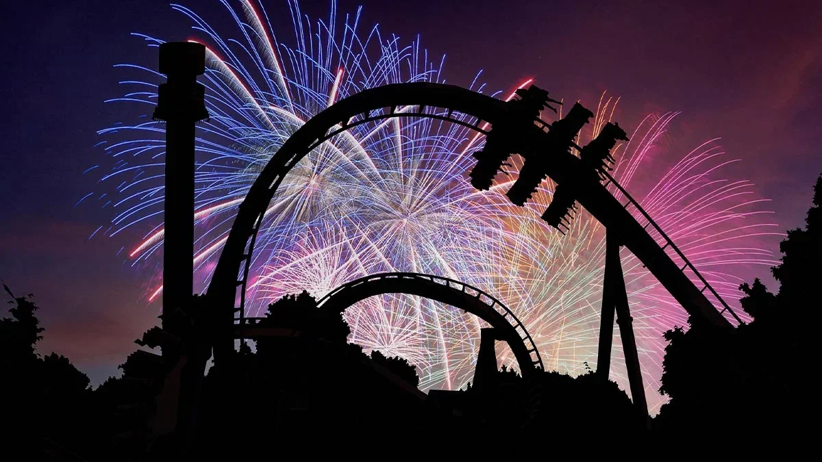 Fireworks display over a roller coaster at Busch Gardens Williamsburg.