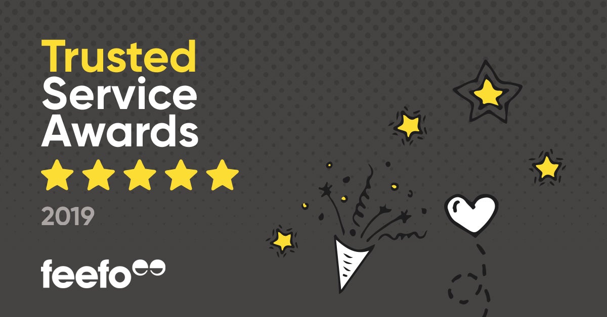 Feefo Trusted Service Awards 2019 with five stars and celebratory graphics.