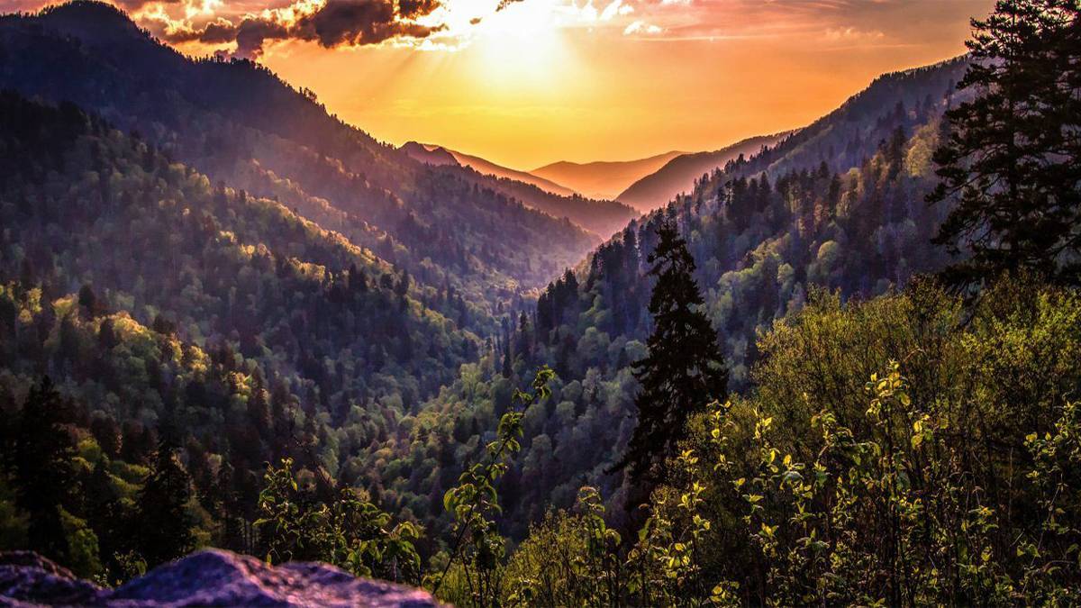 Sunset over the Great Smoky Mountains with lush greenery and a valley view in Gatlinburg, Tennessee.