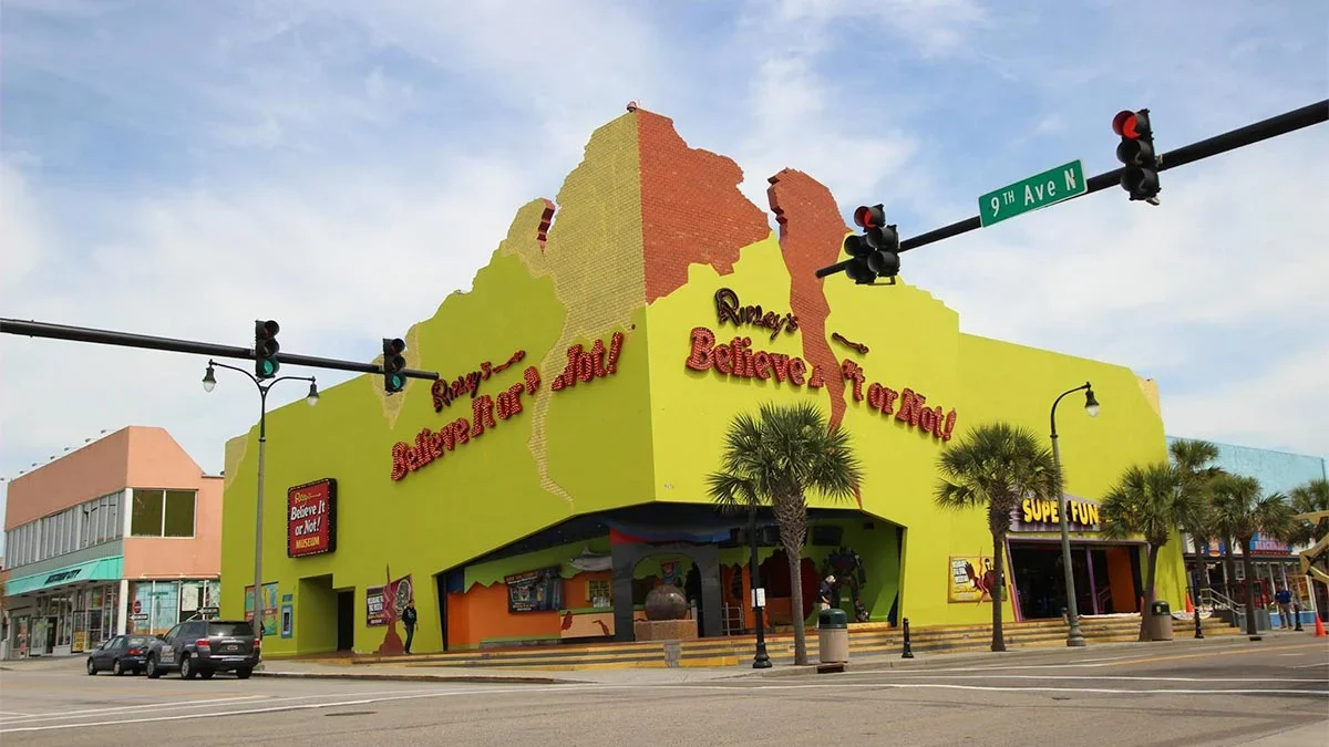 Entrance to Ripley’s Aquarium in Myrtle Beach, South Carolina, with colorful sail-like structures.