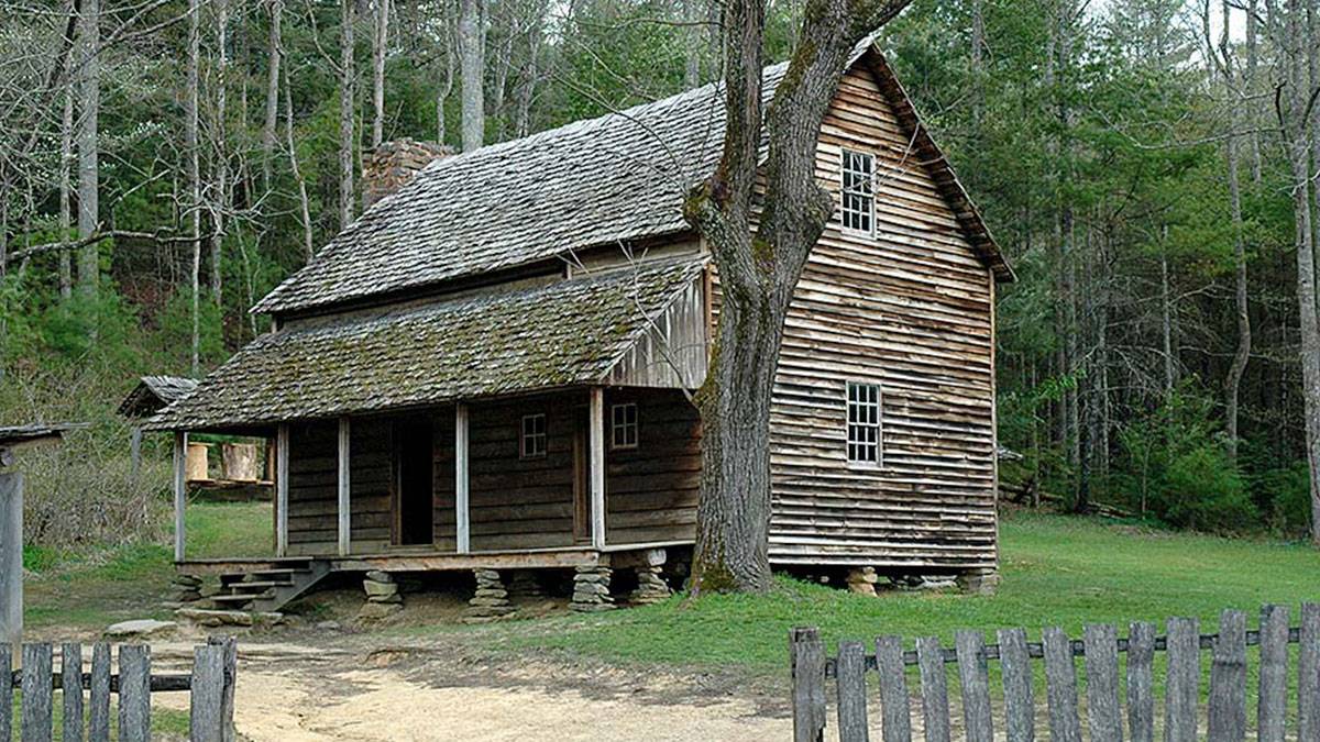 ground exterior view of old Tipton Place cabin located near Cades Cove near Gatlinburg, Tennessee, USA