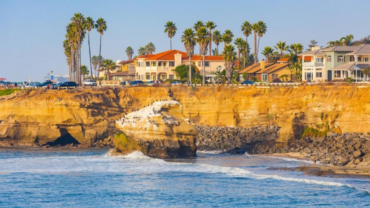 aerial view of La Jolla beach at sunset with cliffs in San Diego, California, USA