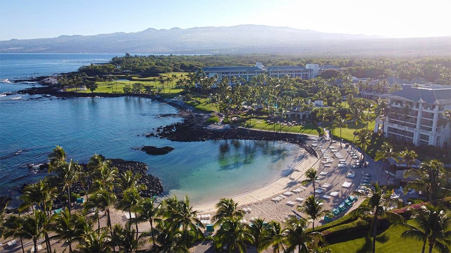 Aerial view of Fairmont Orchid with the beach and palm trees on The Big Island, Hawaii, USA