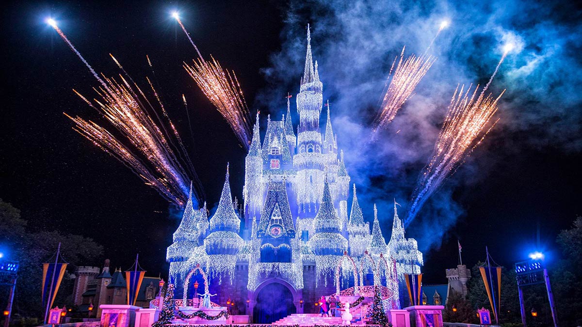 Fireworks over Cinderella's Castle at night at Walt Disney World's Magic Kingdom - Orlando, Florida, USA