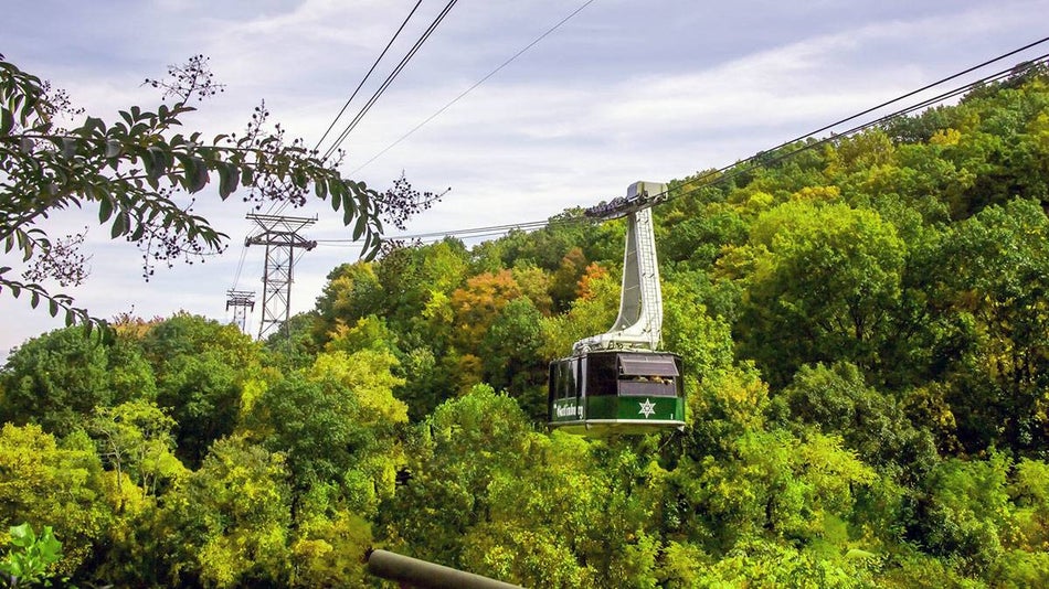 view of tram going through the trees in the summer at Ober Gatlinburg Aerial Tramway in Gatlinburg, Tennessee, USA