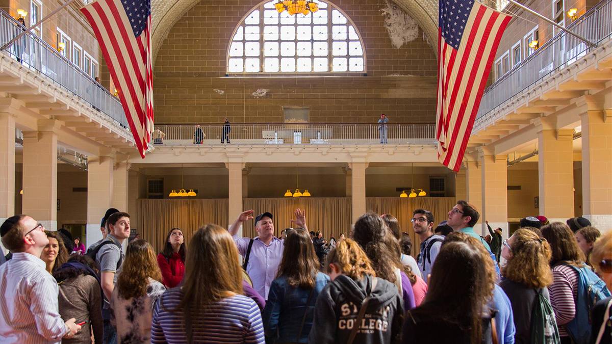 interior view of Ellis Island Immigration Museum at the Statue of Liberty in NYC, New York, USA